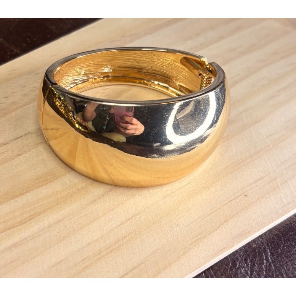Gold Tone Wide Dome Bangle Bracelet Hinge Closure Polished Statement Cuff